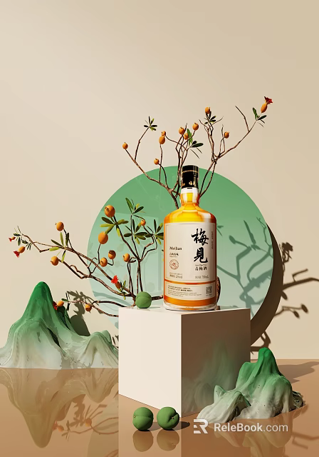 Plum Wine Bottle and Glass with Branches Orange Fruits Green Leaves on White Stand 3d model 