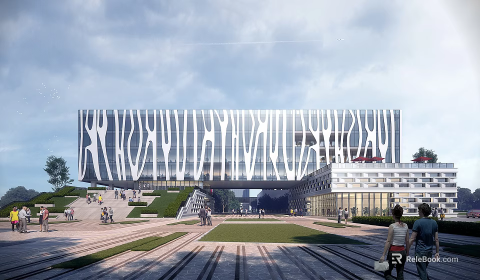 Modern Office Building With Unique Perforated Facade Plaza Lawn And Pedestrians 3d model 