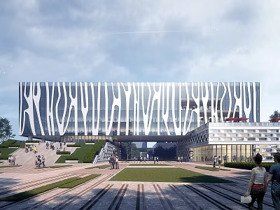 Modern Office Building With Unique Perforated Facade Plaza Lawn And Pedestrians 3d model