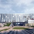 Modern Office Building With Unique Perforated Facade Plaza Lawn And Pedestrians