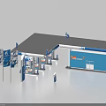 Modern Gas Station Exterior With Blue Building Fuel Pumps Canopy And Flags