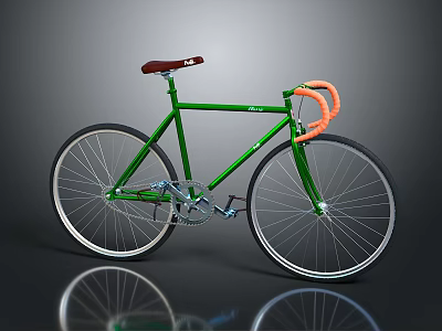 Green Bicycle with Brown Seat and Orange Handlebars White Rims and Black Tires 3d model