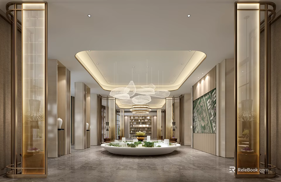 Luxury Sales Office Interior Design With Chandelier Central Display Greenery And Marble Floor 3d model 