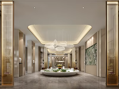 Luxury Sales Office Interior Design With Chandelier Central Display Greenery And Marble Floor 3d model