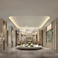 Luxury Sales Office Interior Design With Chandelier Central Display Greenery And Marble Floor