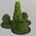 Conical and Rounded Shrubs Planted in Green Grass With Gray Stone Edges 3d model