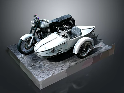 Classic Light Colored Motorcycle With Sidecar On Textured Display Stand 3d model