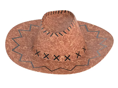 Brown Cowboy Hat With Cracked Texture Stitched Details And Zigzag Patterns 3d model