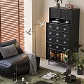 Black Sideboard With Drawers Bottles Books In Living Room With Sofa Floor Lamp Wooden Blinds
