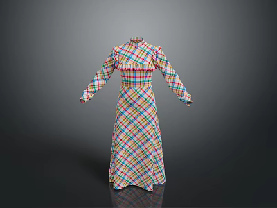 Man Wearing Colorful Plaid Long Dress With High Collar And Ruffled Sleeves 3d model