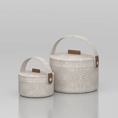 Two Beige Fabric Storage Baskets With Handles Lids And Brown Accents 3d model