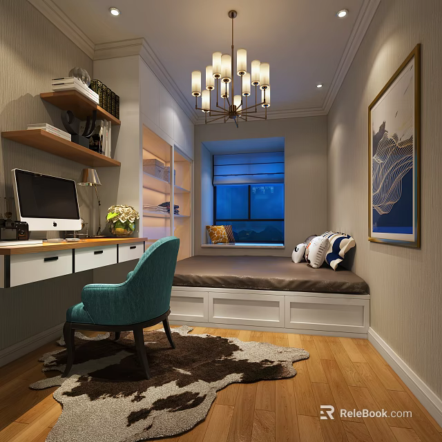 Cozy Modern Home Study Room With Built In Tatami Area And Ample Storage Cabinets 3d model 