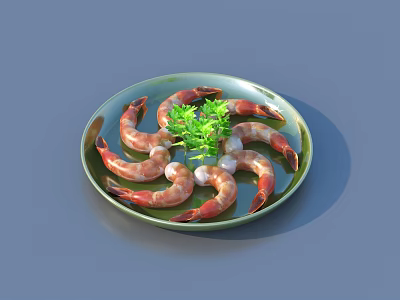 Fresh Shrimp Arranged On Green Plate With Fresh Green Parsley Garnish 3d model