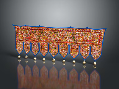 Traditional Decorative Tapestry With Blue Border Red Gold Patterns And Bottom Bells 3d model