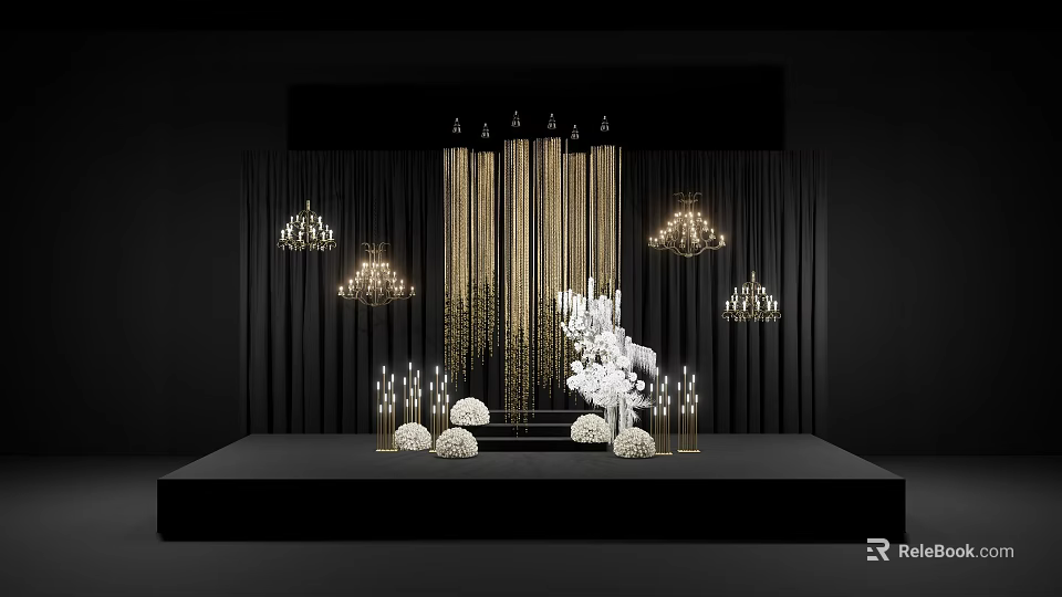 Elegant Floral Decor Stage Design With Golden Curtains White Flowers Chandeliers And Candle Holders 3d model 