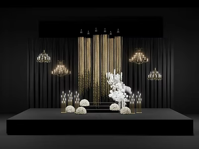 Elegant Floral Decor Stage Design With Golden Curtains White Flowers Chandeliers And Candle Holders 3d model