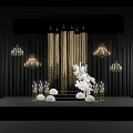 Elegant Floral Decor Stage Design With Golden Curtains White Flowers Chandeliers And Candle Holders
