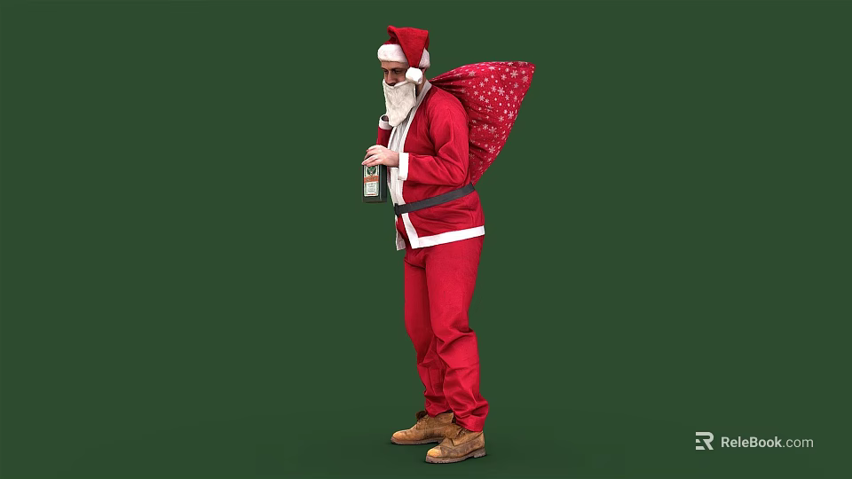 Man in Red Santa Costume Carrying Sack With White Dots Holding Bottle Against Green Background 3d model 