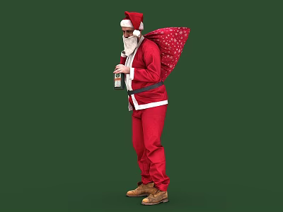 Man in Red Santa Costume Carrying Sack With White Dots Holding Bottle Against Green Background 3d model