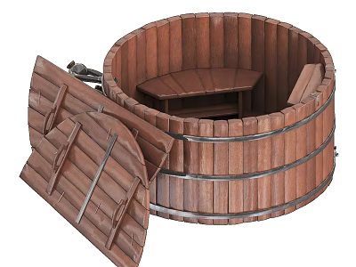 Wooden Barrel Bathtub With Open Lid And Built In Seat For Home Living 3d model