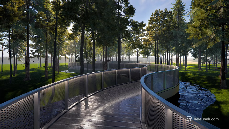 Curved Modern Walkway With Metal Railings Tall Trees And Water Feature 3d model 
