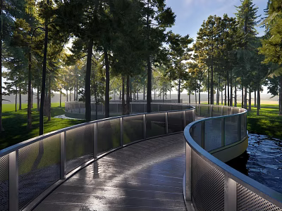 Curved Modern Walkway With Metal Railings Tall Trees And Water Feature 3d model