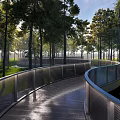 Curved Modern Walkway With Metal Railings Tall Trees And Water Feature