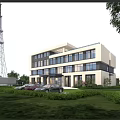 Modern Office Building With Large Glass Windows Landscaped Lawn And Parking Area Under Blue Sky