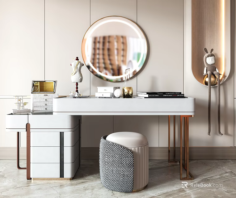 Elegant Modern Dressing Table With White Countertop Gold Legs And Round Mirror 3d model
