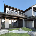 Chinese Style Detached Villa With Traditional Roof Courtyard Lawn And Wooden Elements