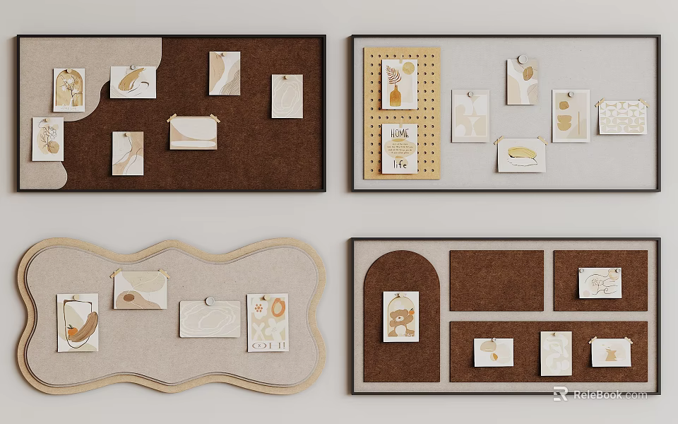 Various Photo Wall Designs With Cork Boards Decorative Cards And Wavy Edges 3d model 