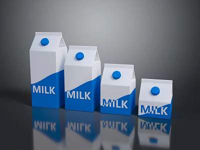 Various Sizes of Blue and White Milk Cartons with Blue Caps for Food Storage 3d model