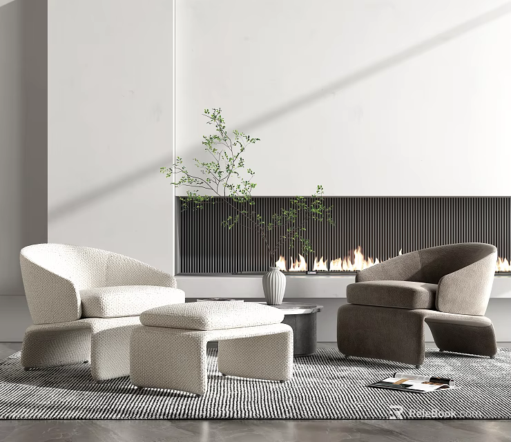 Modern Casual Sofa Set With Two Tone Ottomans Potted Plant Fireplace And Patterned Rug 3d model 