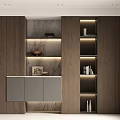 Modern Walnut Wood Bookcase Design With Open Shelves LED Lighting And Closed Cabinets