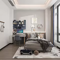 Kids Room Interior Design Featuring Gray Wardrobe Gold Handles Blue Shelves Bed Desk Gray Bedding