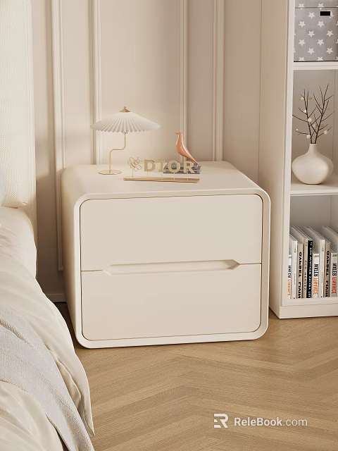 Modern Light Colored Nightstand with Gold Lamp Pink Bird DIOR Letters White Bookshelf Books Vase 3d model 