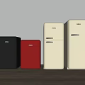 HEL Brand Various Colored Refrigerators in Black Red and White Arranged on Wooden Floor