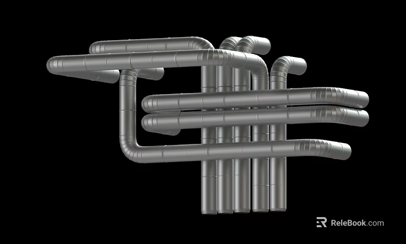 Silver Metal Pipes Interconnected In Curved Shapes And Various Directions On Black Background 3d model 