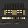 Traditional Japanese Two Story Building With Gray Tiled Roof Yellow Walls And Wooden Balconies