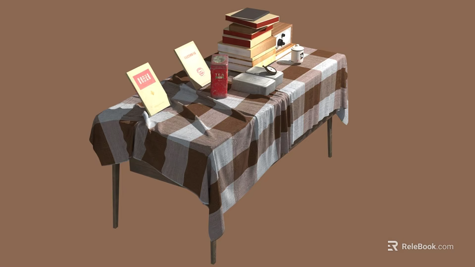Wooden Table With Checkered Tablecloth Books Red Cup And Yellow Cards 3d model 