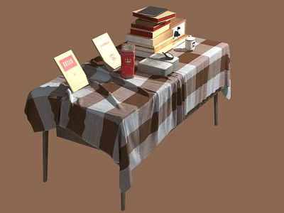 Wooden Table With Checkered Tablecloth Books Red Cup And Yellow Cards 3d model