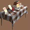 Wooden Table With Checkered Tablecloth Books Red Cup And Yellow Cards