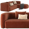 Brown Velvet Sectional Sofa With Multiple Cushions Ottoman And Striped Blanket