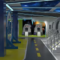 Interactive Cultural Center Exhibition Featuring Astronaut Models Satellite Moon And Starry Sky Background