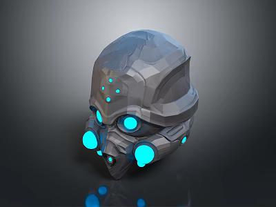 Futuristic 3D Model Helmet With Gray Metallic Finish And Blue Glowing Lights 3d model