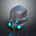 Futuristic 3D Model Helmet With Gray Metallic Finish And Blue Glowing Lights