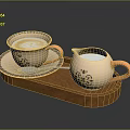 Beige Ceramic Coffee Cup Milk Jug And Spoon With Floral Pattern On Wooden Tray
