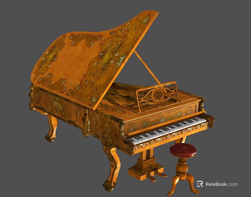 Classic Vintage Piano With Ornate Wooden Carvings And Red Decorative Stool 3d model 