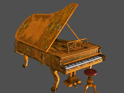 Classic Vintage Piano With Ornate Wooden Carvings And Red Decorative Stool 3d model