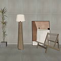 Modern Wooden Leisure Chair In Bright Interior With Floor Lamp Potted Plant And Abstract Painting